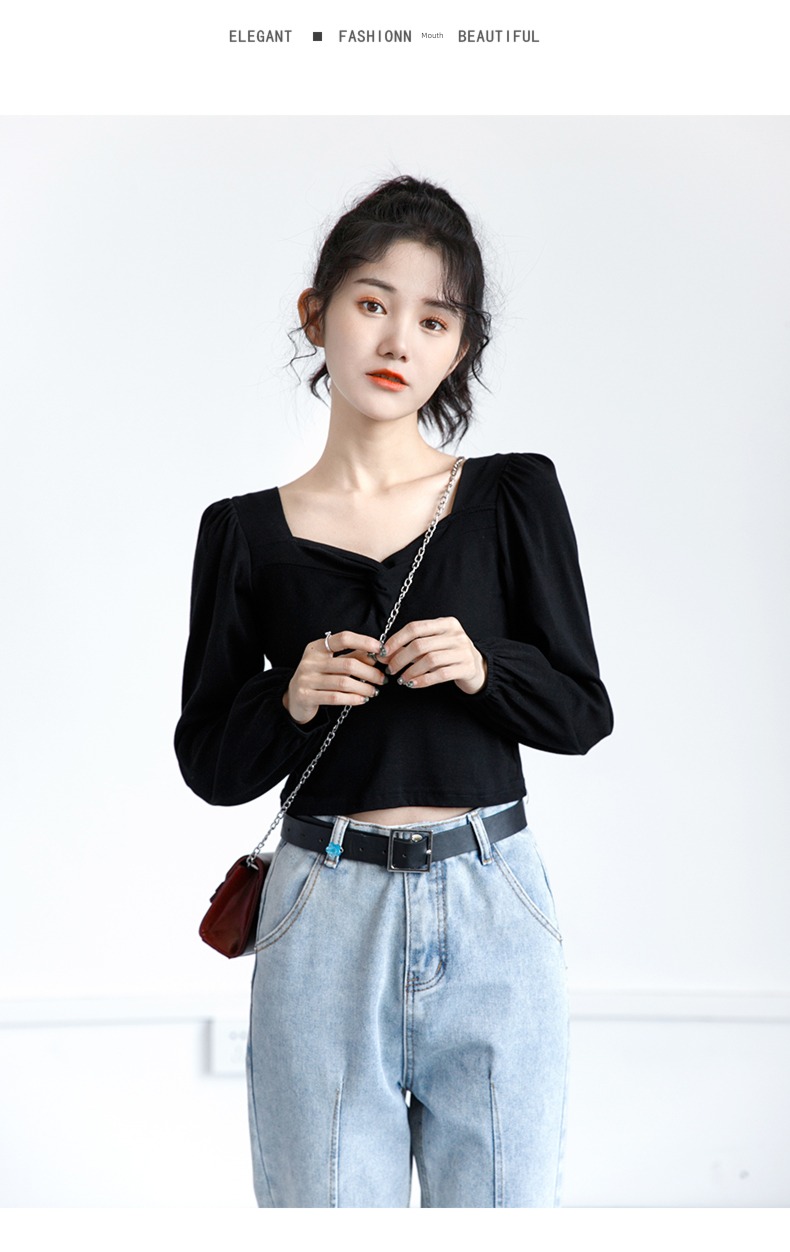 spring and autumn French Exposed navel square neck jacket Long sleeve T-shirt