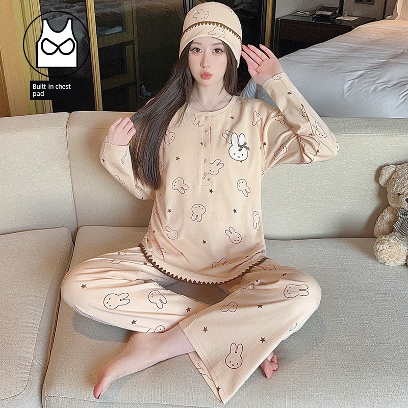 Hat with Chest Pad, Postpartum Clothing, Pure Cotton Nursing Pajamas, Postpartum Maternity Home Wear for Spring, Autumn, and Winter, Can Be Worn Outside — 2