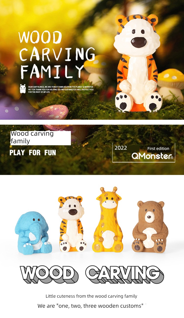 Qmonster Toys Model Wood carving family Pets