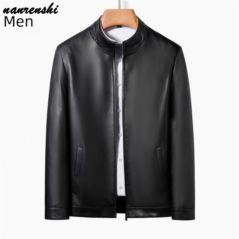 stand collar middle age business affairs leisure time dad genuine leather leather clothing