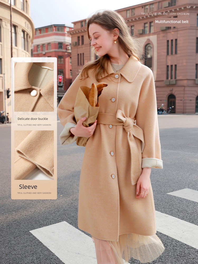 Tricolor Autumn and winter Lapel Close your waist Medium length Woollen overcoat