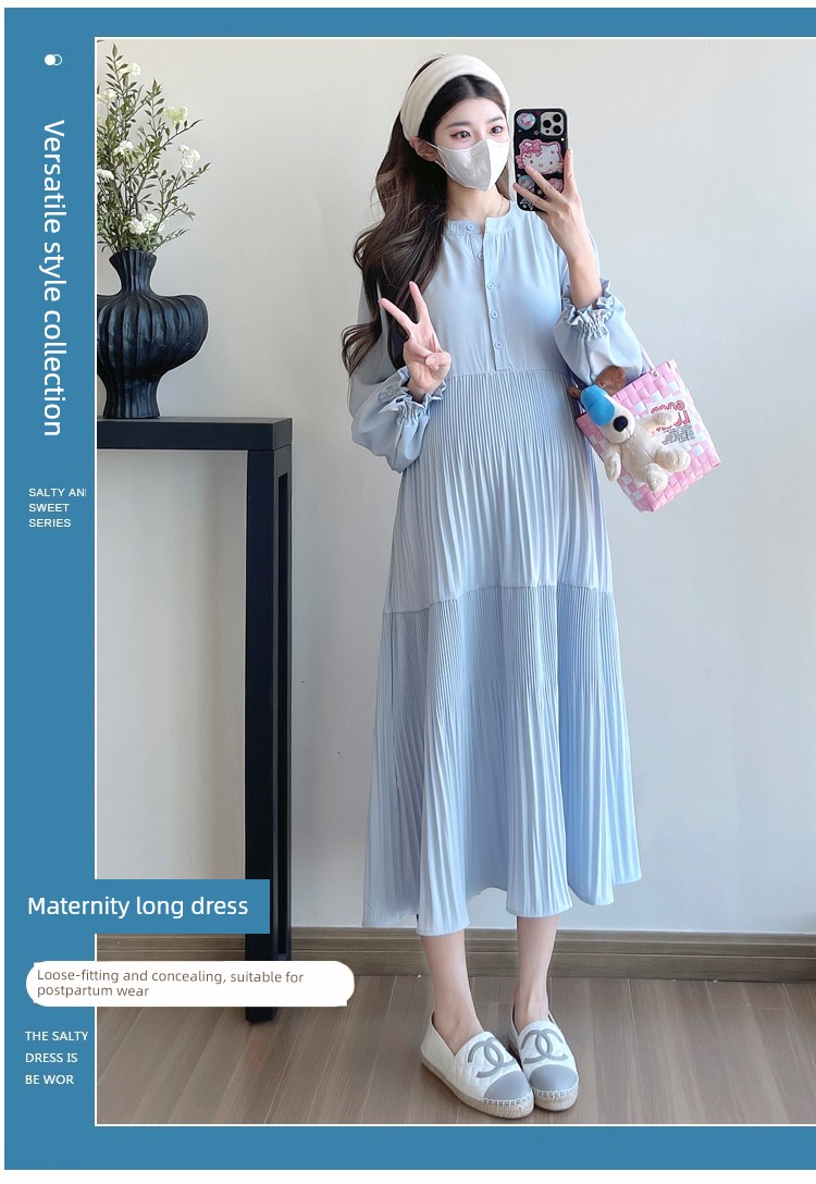 Maternity Wear 2026 New Autumn Style Loose Slimming Pleated Dress for Pregnant Mothers, High-End Nursing Long Dress — 1