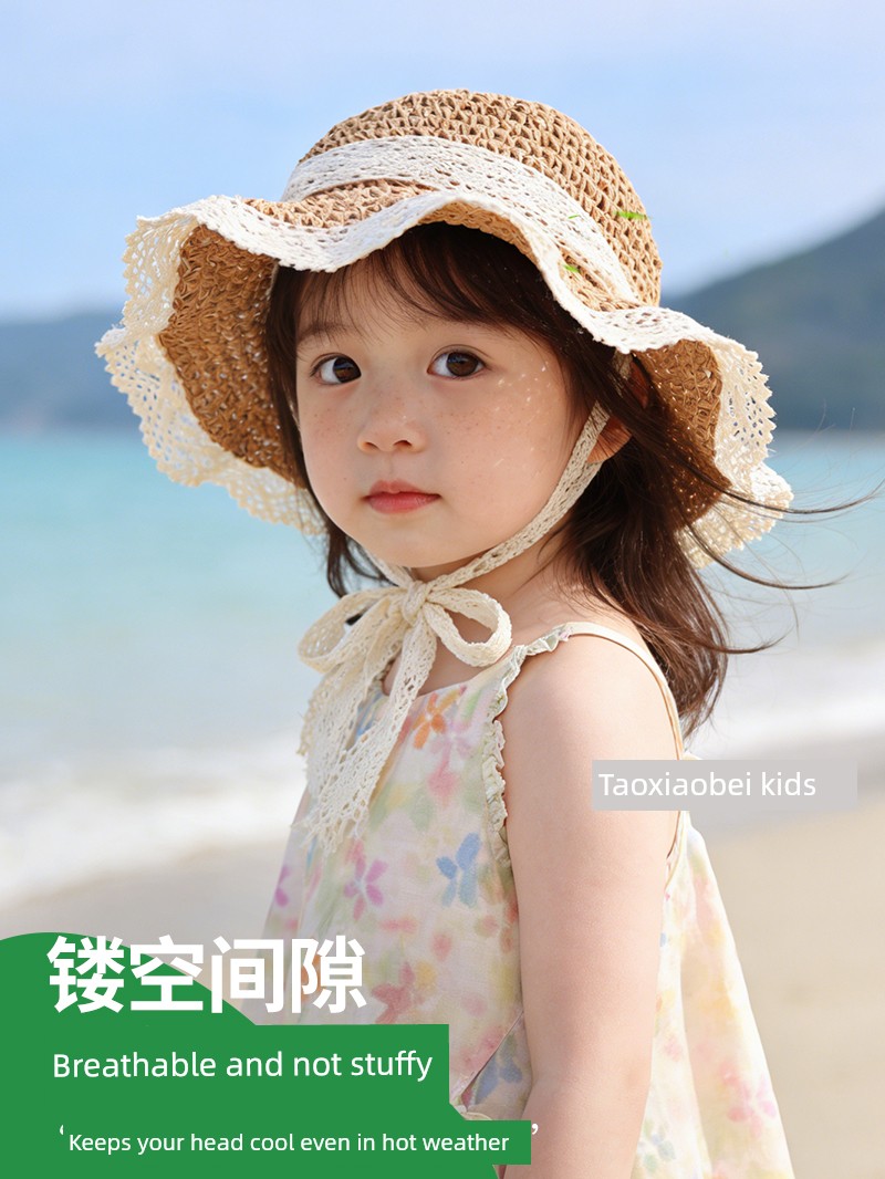Girls' Straw Hats, Kidsren's Hats, Summer Hand-Knitted Baby Sun Protection Hats, Sun Hats, Lace-Edged Beach Hats, Family Matching Hats — 3