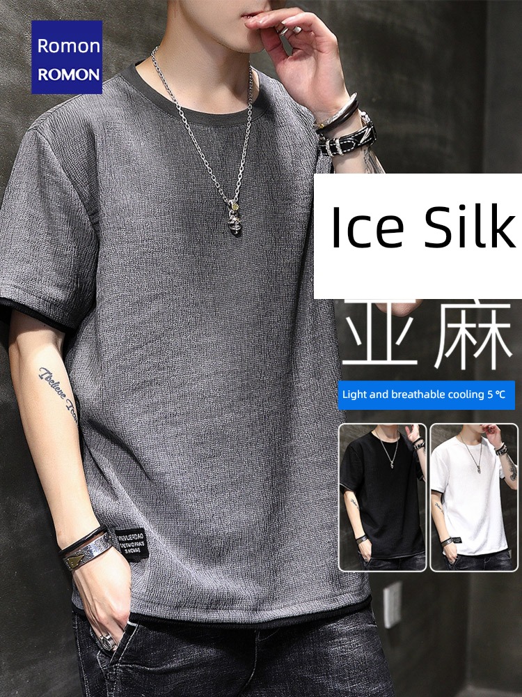 Romon Thin money man Ice silk Half sleeve Put on your clothes flax