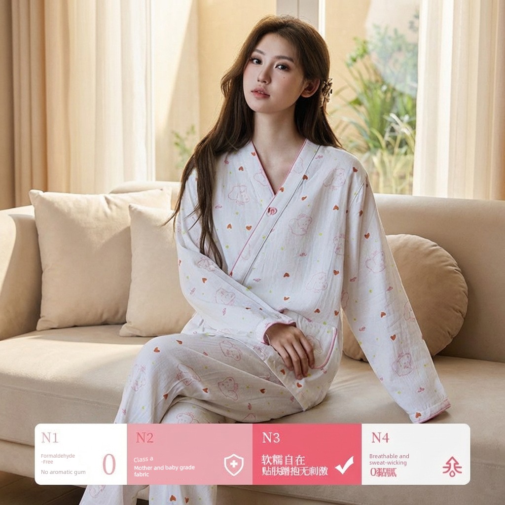 All-Cotton Imported New Pure Cotton Gauze Cute Teddy Maternity Pajama Set, Thin Style Postpartum Nursing Sleepwear Set — 4