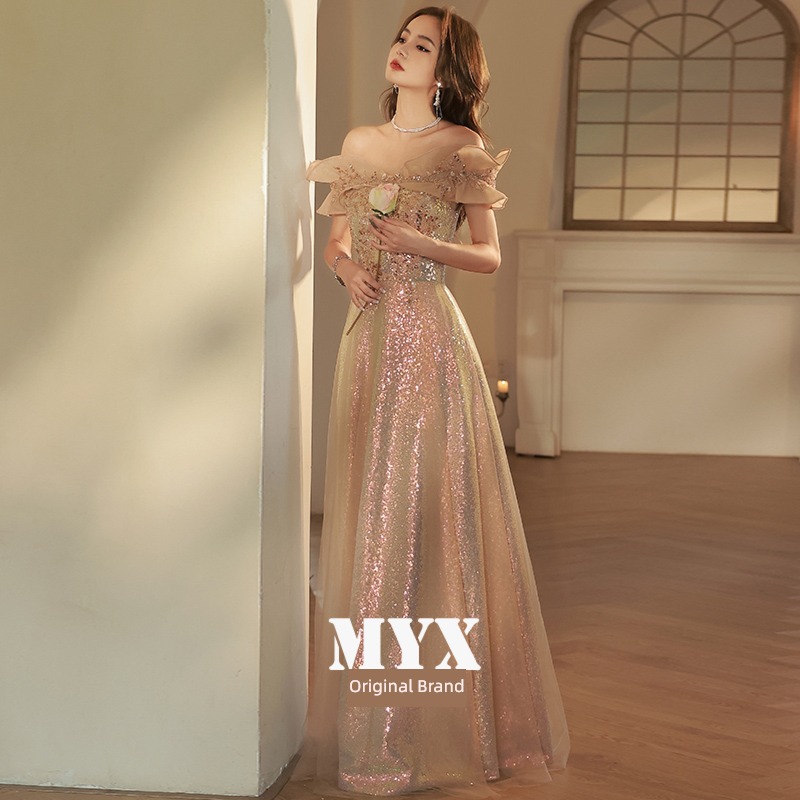 temperament champagne golden Art examination Dress Evening dress