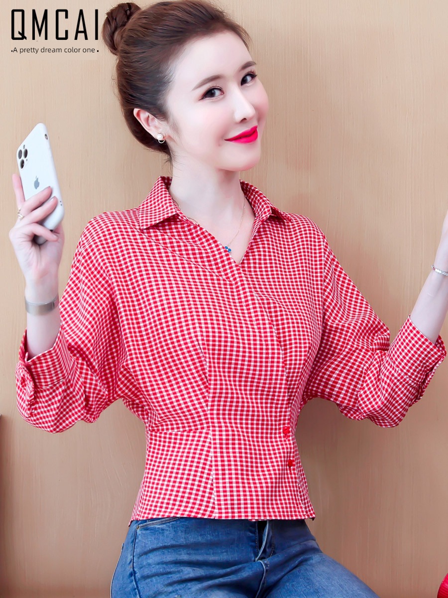 lattice ma'am Long sleeve temperament have a waistline Chiffon shirt