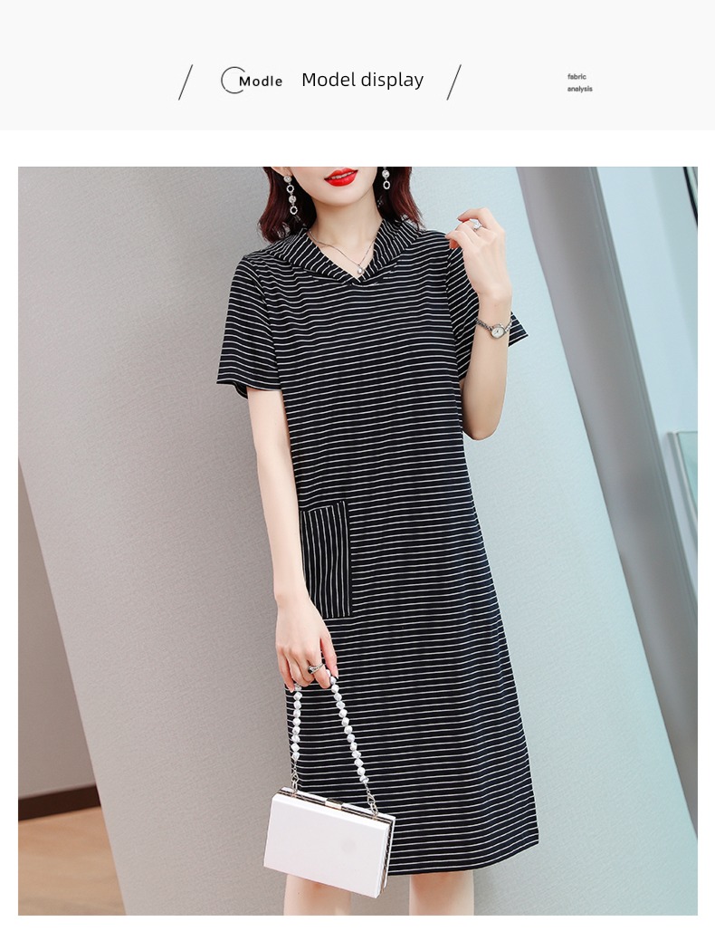 pure cotton stripe Dress middle age mom Cap T-shirt