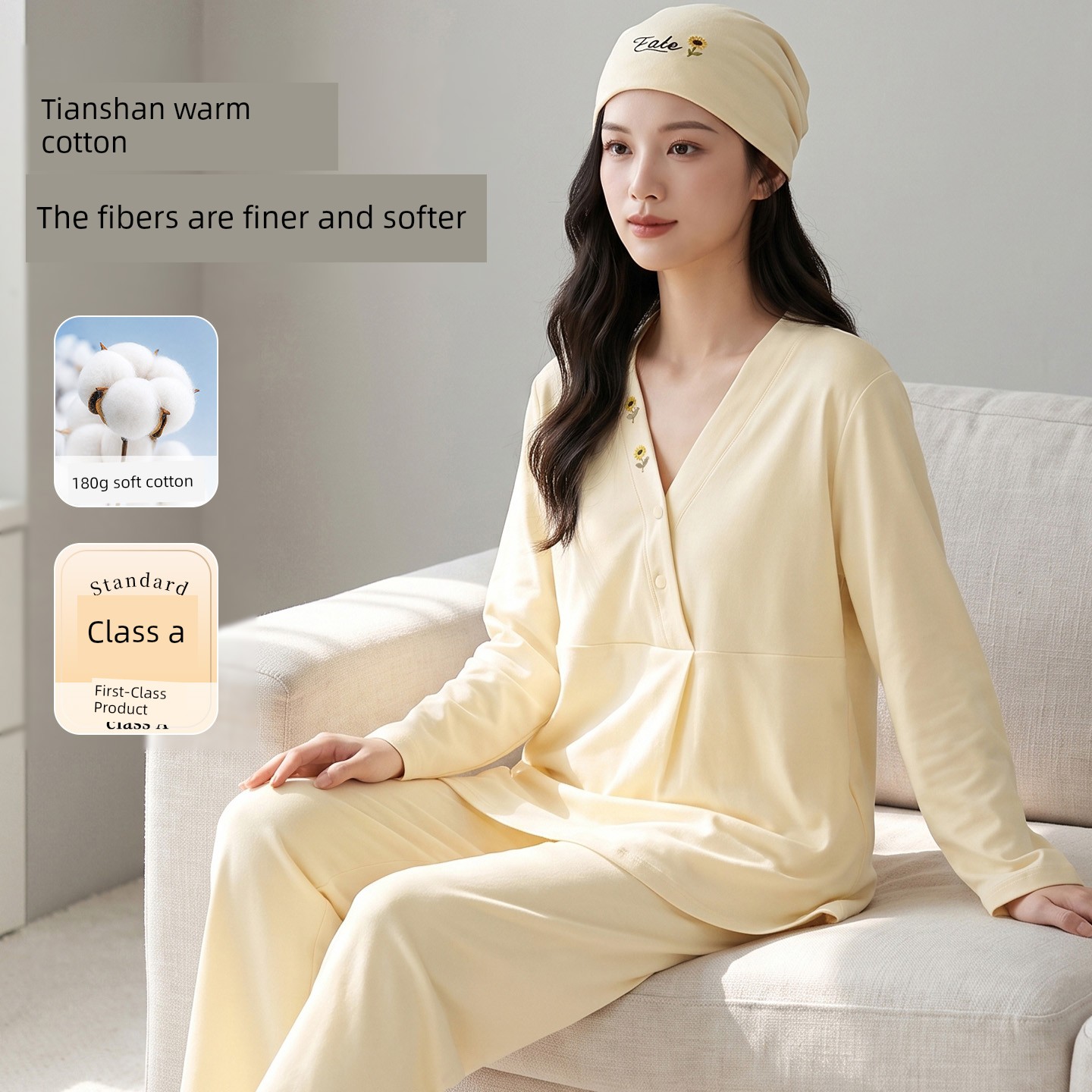 Hat with Chest Pad, Autumn and Winter Maternity Wear, Pure Cotton Nursing Pajamas, Spring and Autumn Postpartum Maternity Wear, Non-Tightening Home Wear — 3
