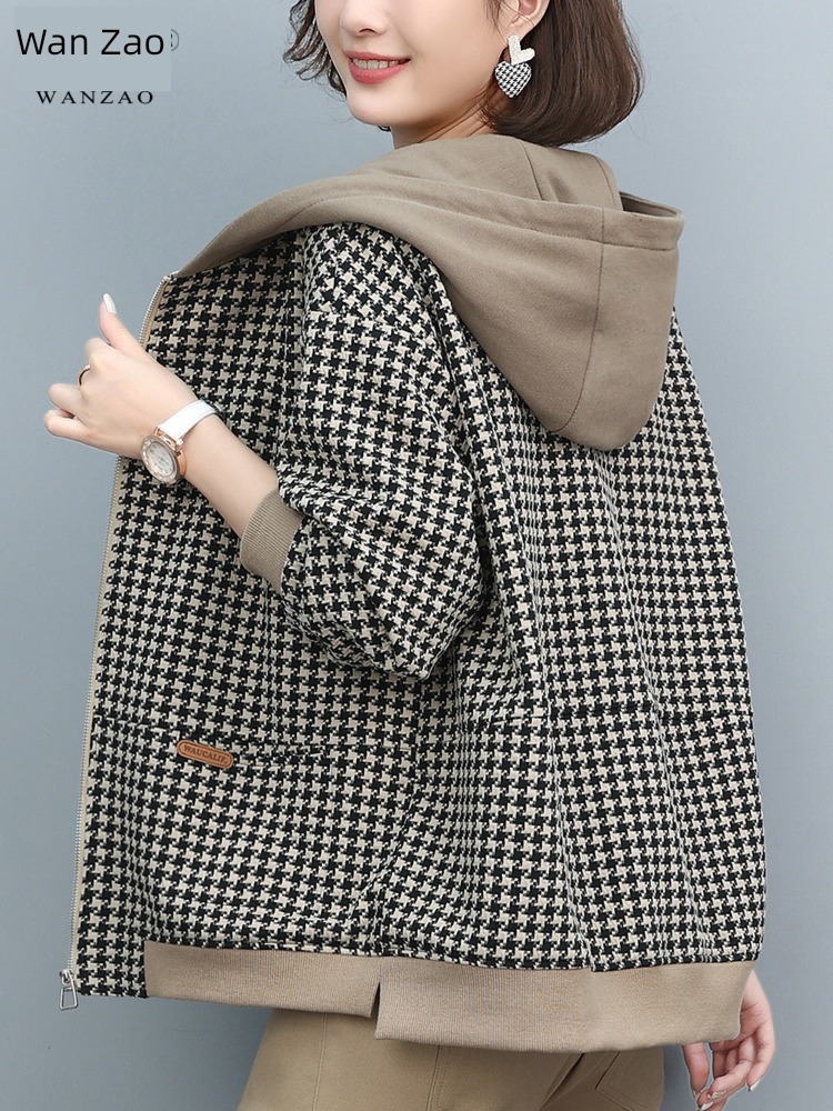 Cotton clip leisure time middle age mom houndstooth  short coat