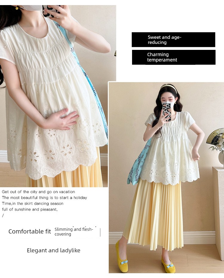 Maternity Summer Outfit 2026 New Style for Pregnant Moms, High-End Lace Top and Pleated Skirt Two-Piece Set for Summer — 4