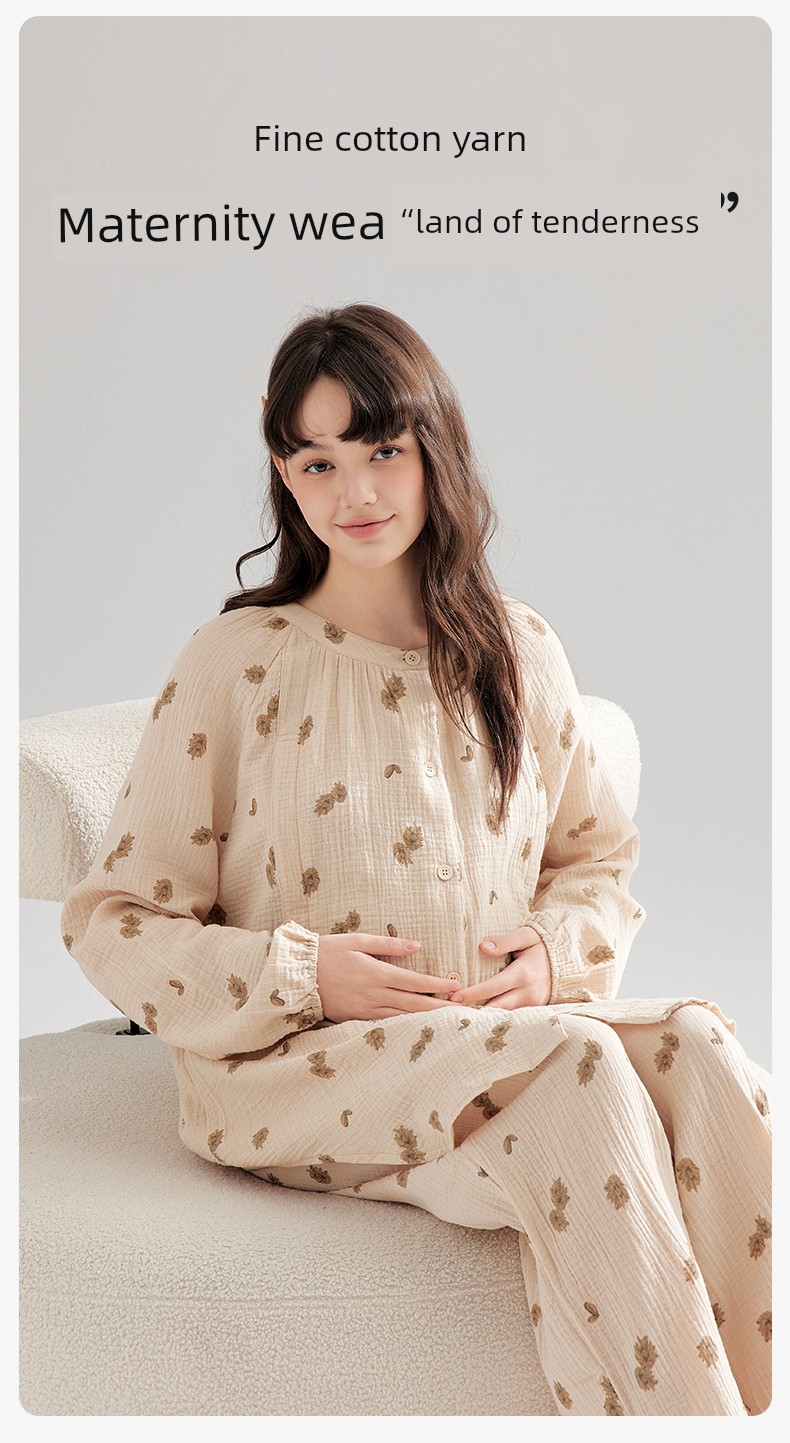 Gauze Postpartum Clothing, Summer Thin Style, Double-Layer Pure Cotton Nursing Home Wear, Breastfeeding Maternity Pajamas for Women, Spring and Autumn — 3