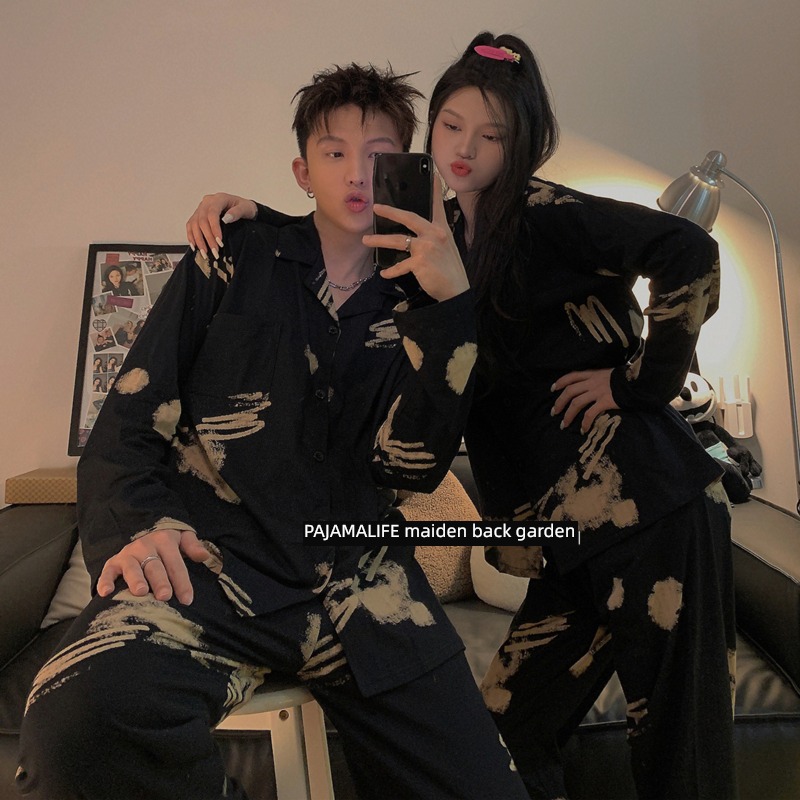 Internet celebrity the republic of korea ins black female pure cotton lovers pajamas