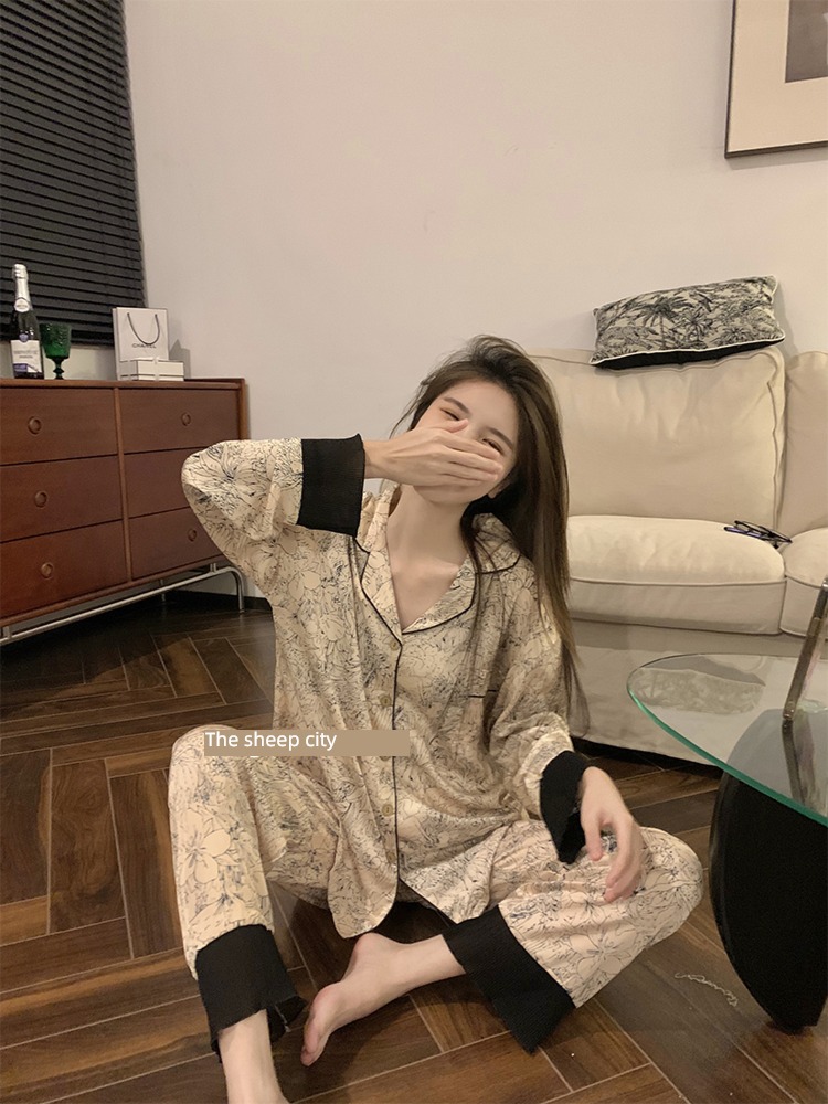 Chinese style female Advanced sense printing moonlight Ice silk pajamas