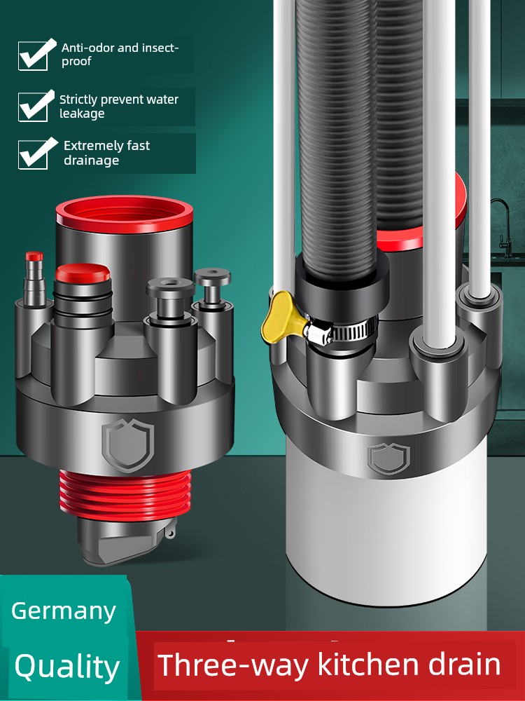 Kitchen Drain Pipe Three-Way Connector for Sink, Dishwashing Basin, Five-Way Water Purifier Drainage Pipe, Anti-Odor Diverter