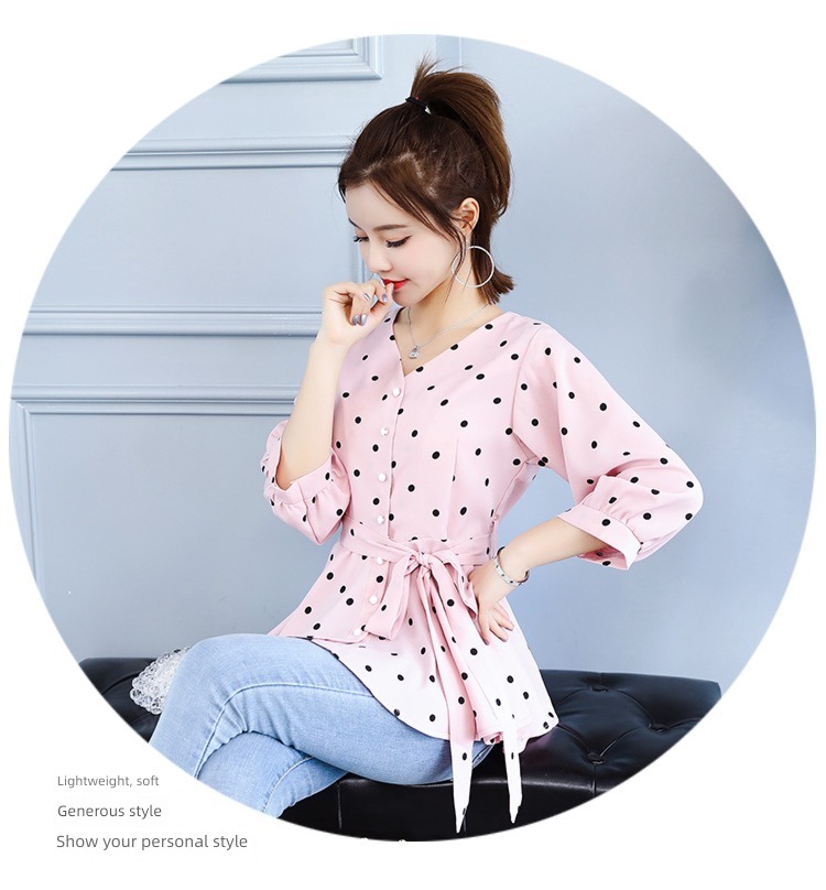 Korean version Temperament lady Frenulum Close your waist Skirt Ruffles Baby shirt jacket Short sleeve Wave point Chiffon shirt female summer