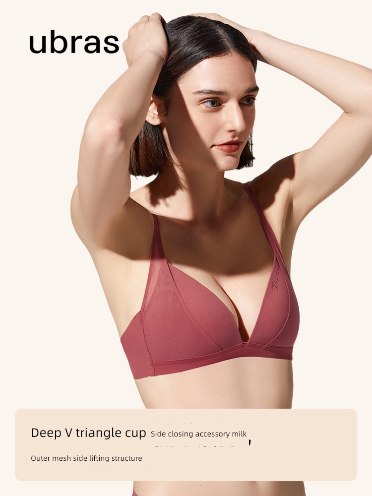 ubras romantic French Collecting accessory milk Deep V-neck Low back Triangle cup Small chest Back hook Bras underpants suit Underwear female