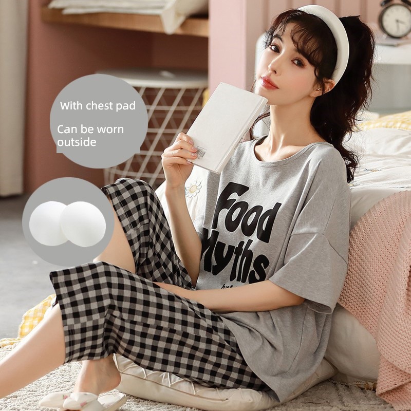 With chest pad female Summer style pure cotton Cropped Trousers Fat mm pajamas