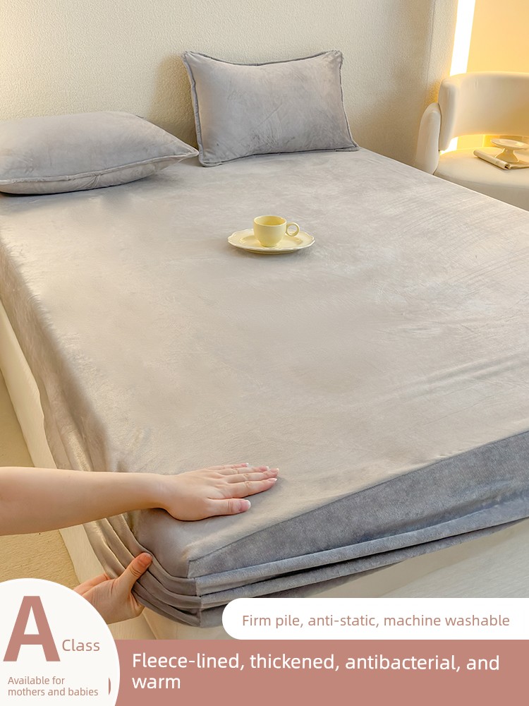 Milk Velvet Fitted Sheet, Winter Fleece-Lined Coral Fleece Bed Cover, Mattress Protector, Autumn and Winter Thickened Flannel Plush Bed Sheet
