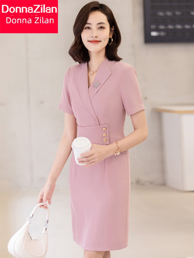 occupation Short sleeve Dress female summer 2023 The new Close your waist commute temperament Beauty Salon formal wear coverall skirt