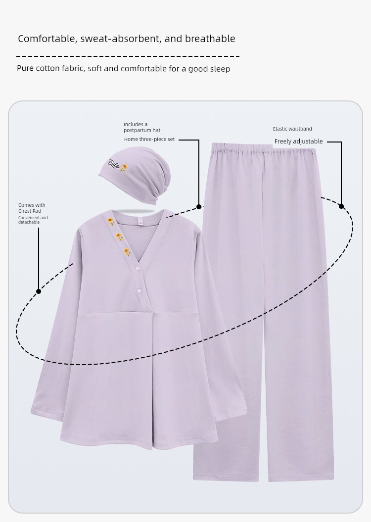 Hat with Chest Pad, Autumn and Winter Maternity Wear, Pure Cotton Nursing Pajamas, Spring and Autumn Postpartum Maternity Wear, Non-Tightening Home Wear — 12