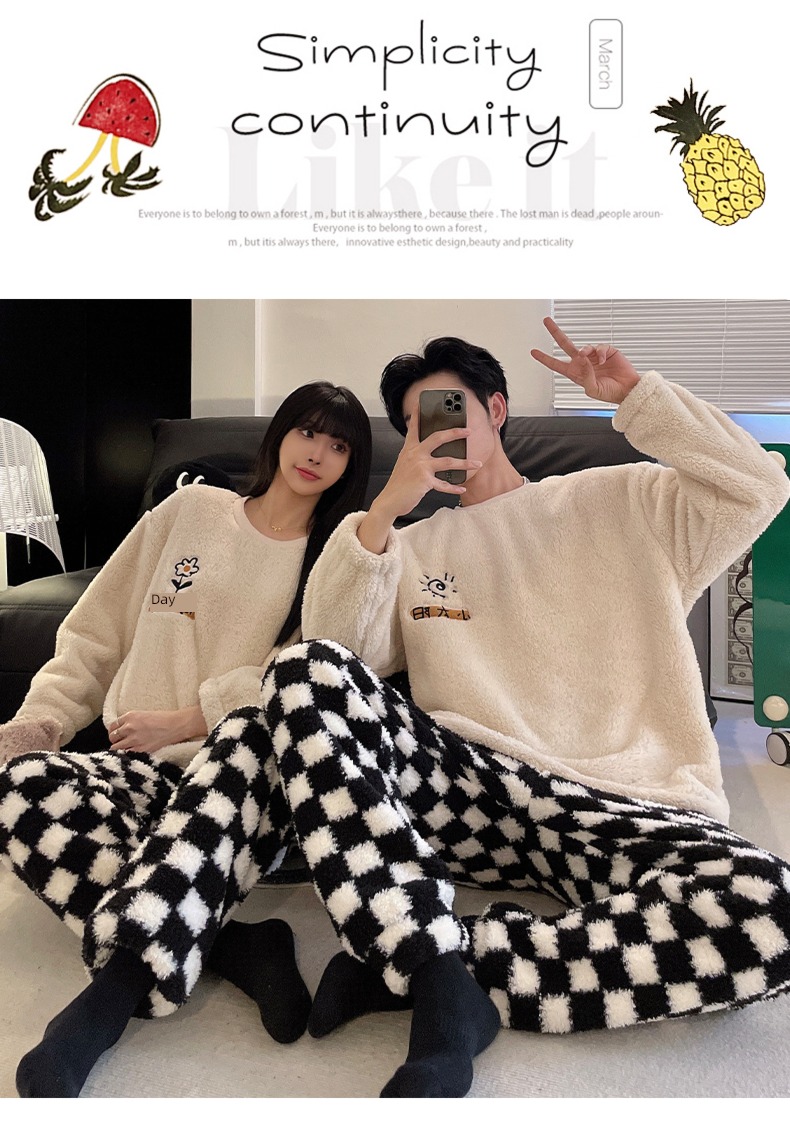 thickening Coral velvet Cartoon Embroidery Winter money lovers pajamas
