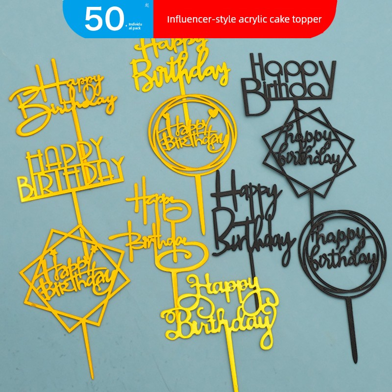 Online Celebrity Happy Birthday Cake Decoration Card Arrangement Thickened Gold Black Baking Dessert Decoration Flag Arrangement Accessories