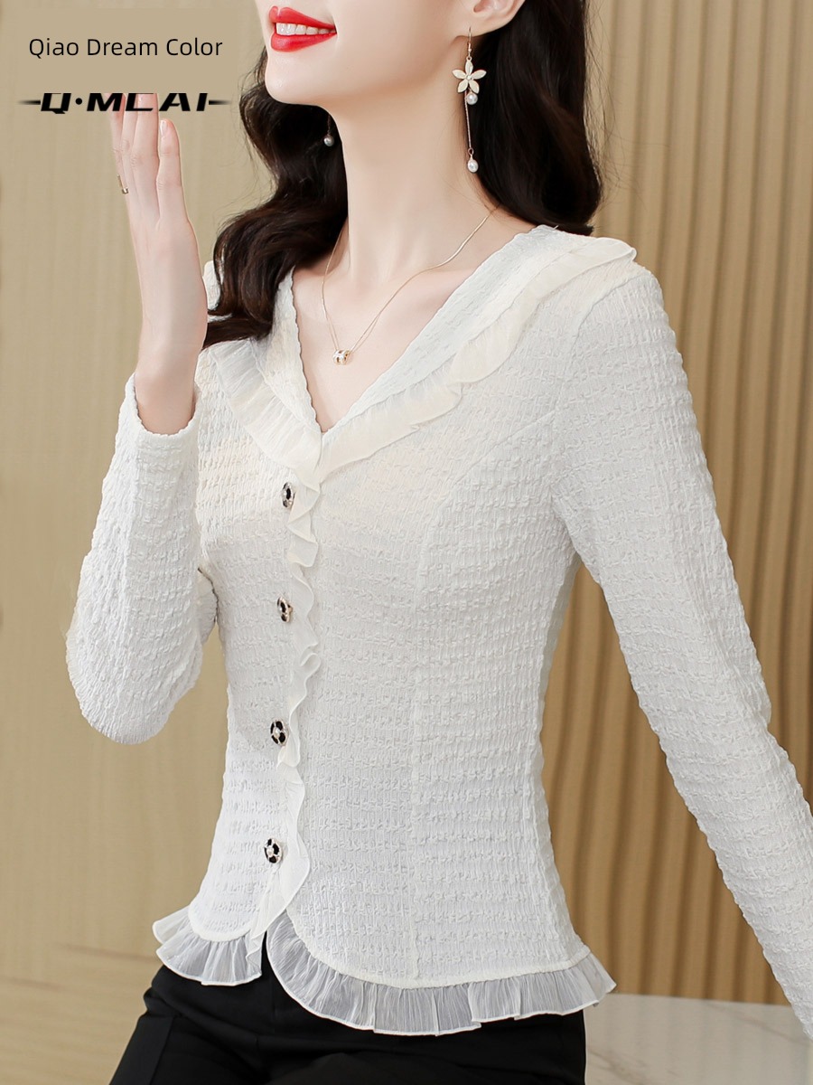 Age reduction Long sleeve ma'am V-neck Close your waist French Chiffon shirt