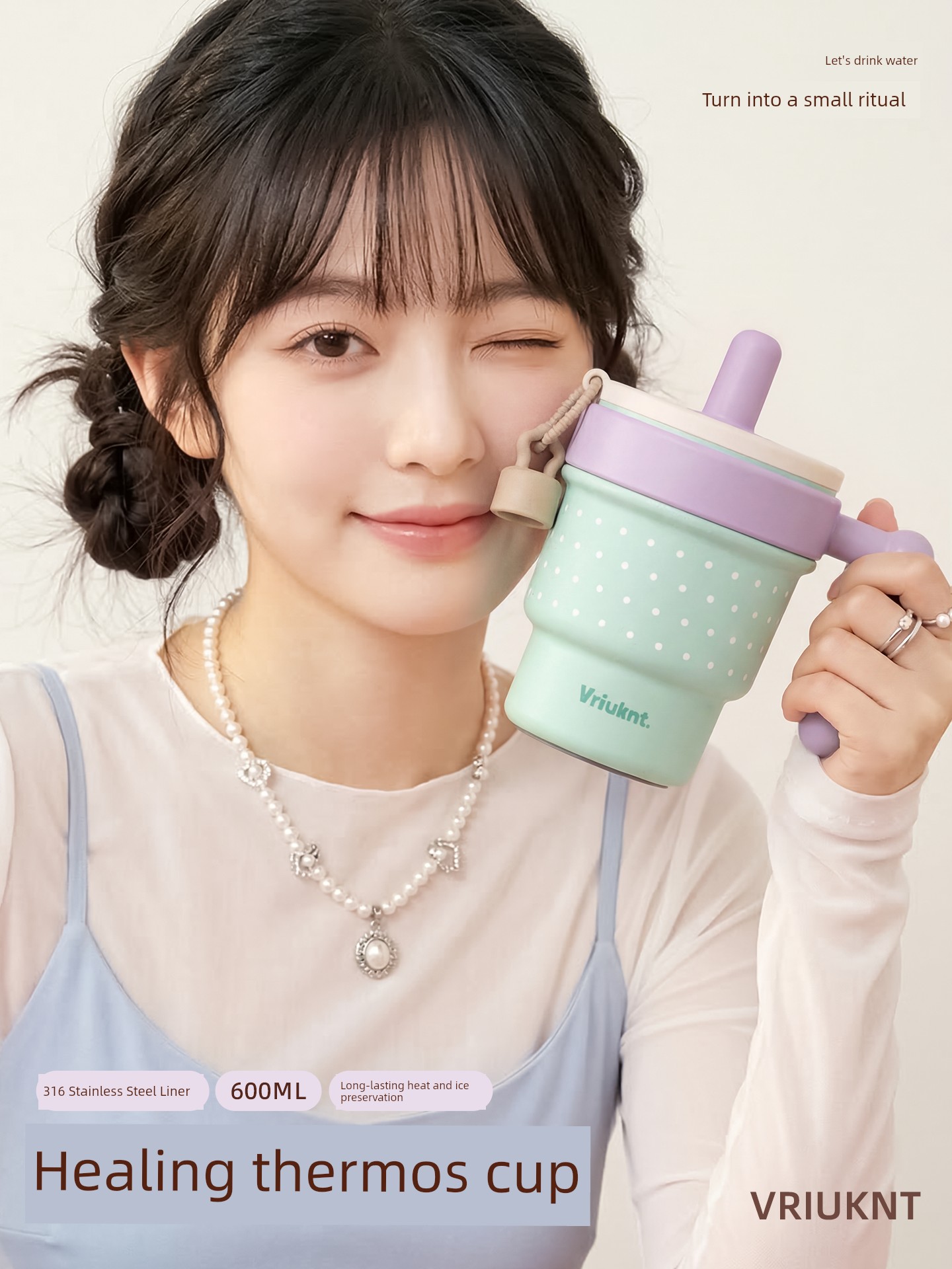 Vriuknt Girls' High-Looking Water Cup, Thermos Cup, Portable Take-Out Cup, Home Straw Cup, Office Coffee Cup
