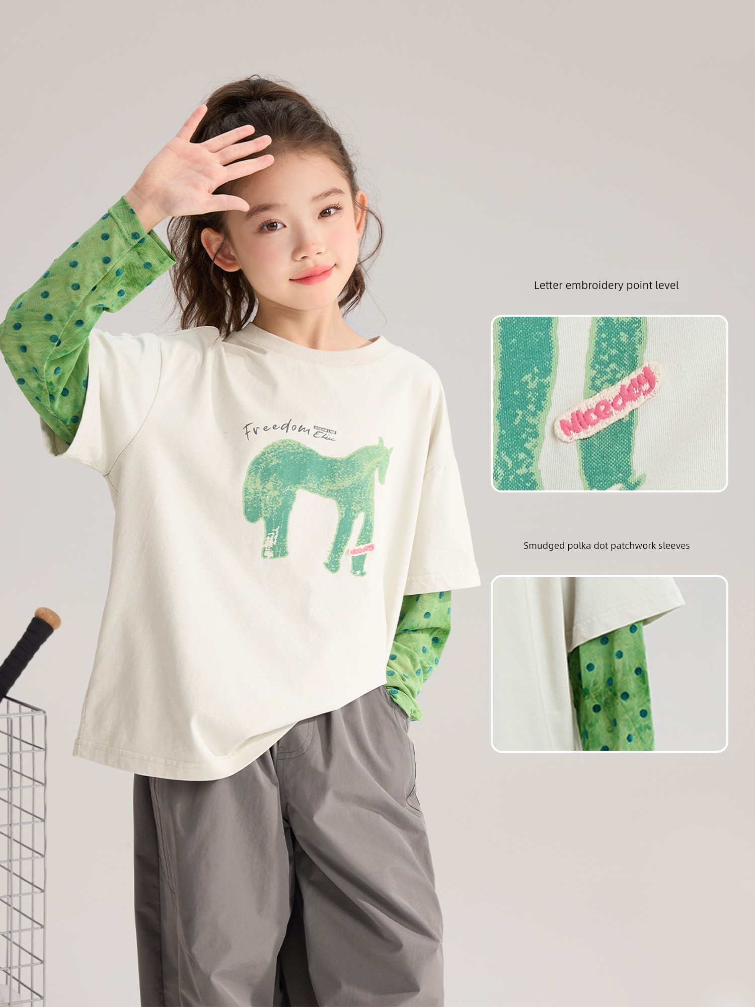 Pudding Haru 2026 Summer Collection Girls' Cool-Touch Breathable Faux Two-Piece Sun Protection Long Sleeve T-Shirt — 2