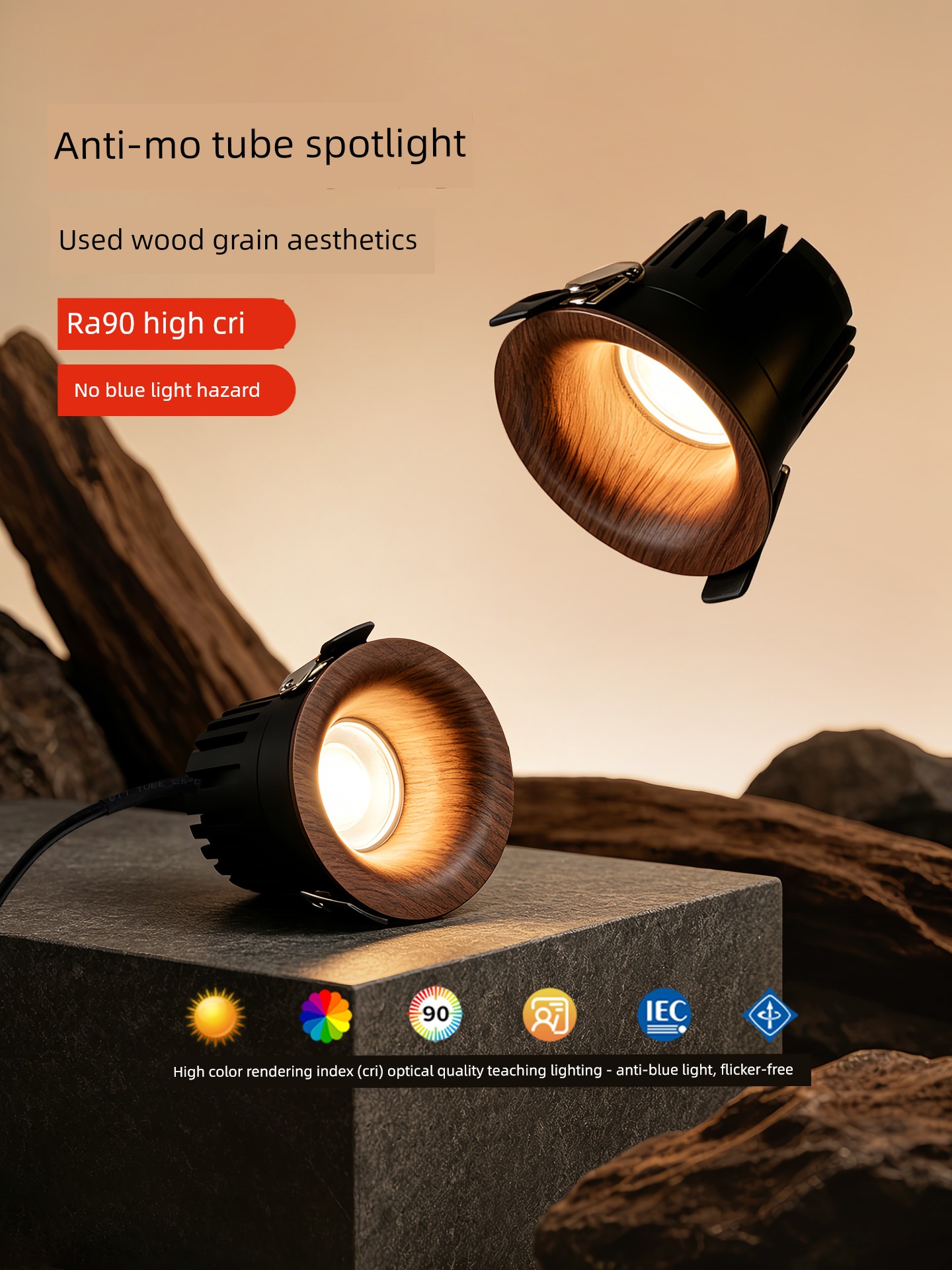 Vintage-Style Walnut Wood Recessed Frameless Adjustable Wall Washer Light Deep Cup Anti-Glare Spotlight 406F