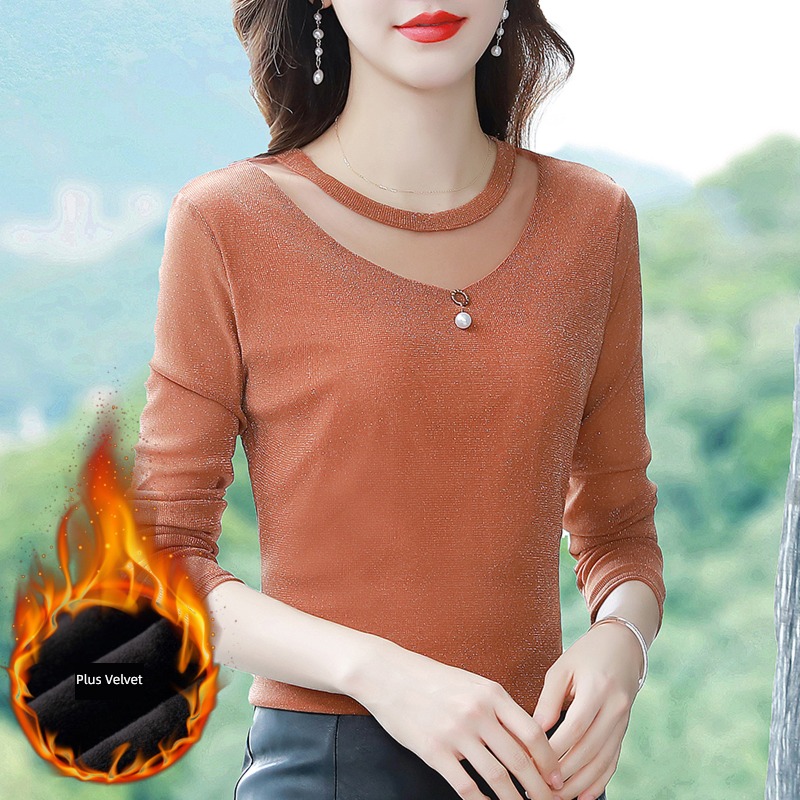 black Bright silk Gauze Undershirt ma'am Autumn and winter 2022 new pattern fashion Inner lap T-shirt Plush Long sleeve jacket