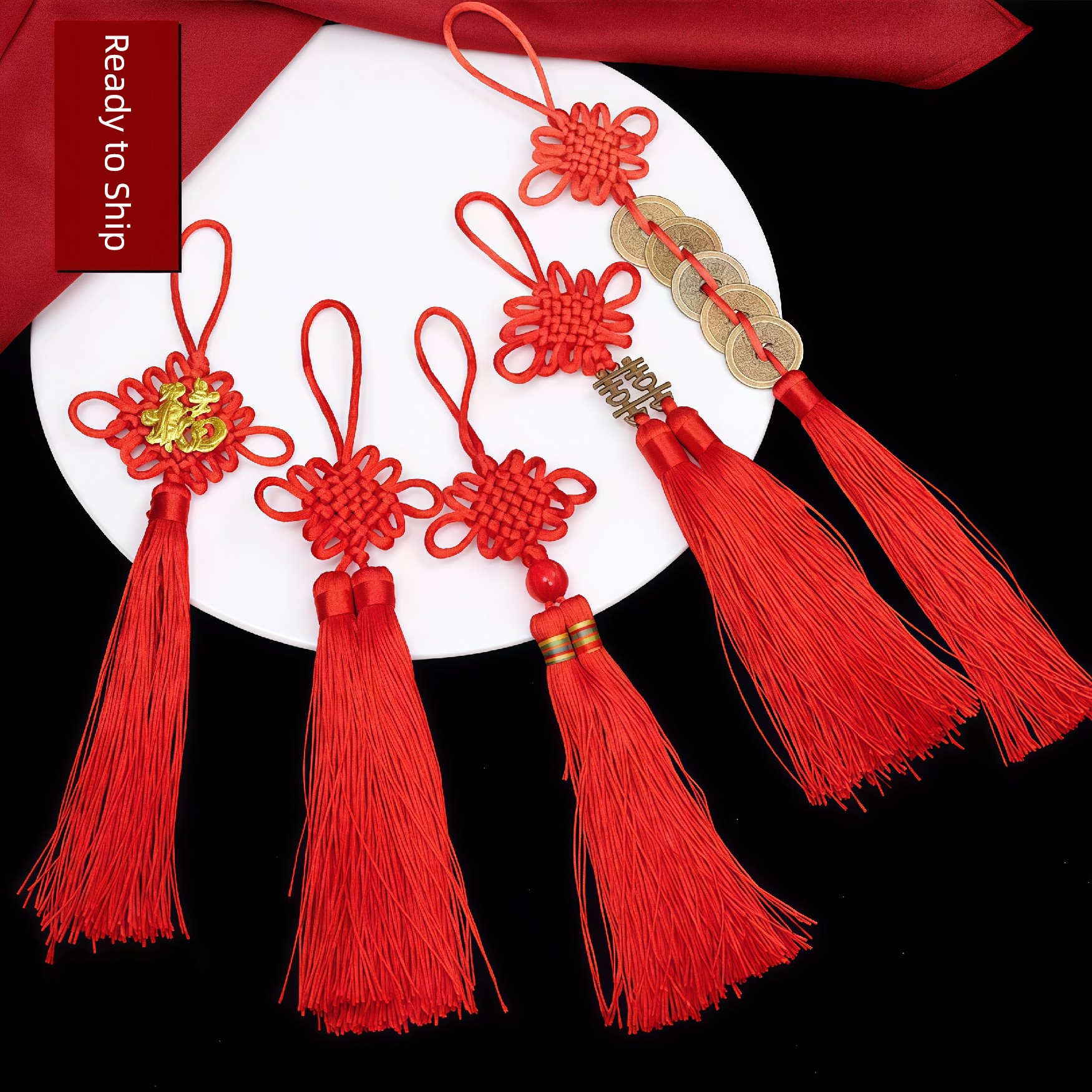 Small Red Chinese Knot Pendant with Decorative Fortune Character, Peace Buckle, Five Emperors Copper Coins, Tassel, and Gourd