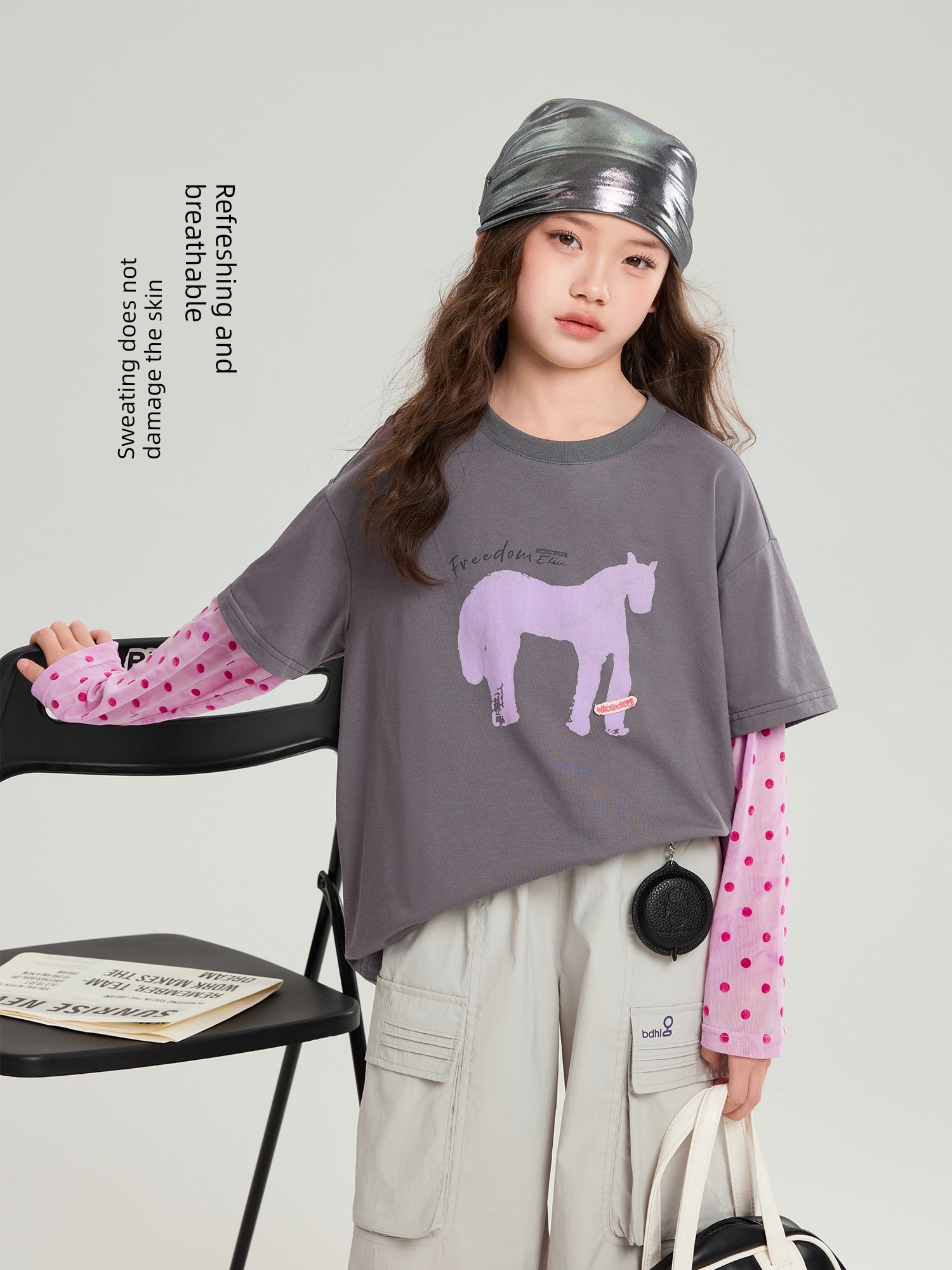 Pudding Haru 2026 Summer Collection Girls' Cool-Touch Breathable Faux Two-Piece Sun Protection Long Sleeve T-Shirt