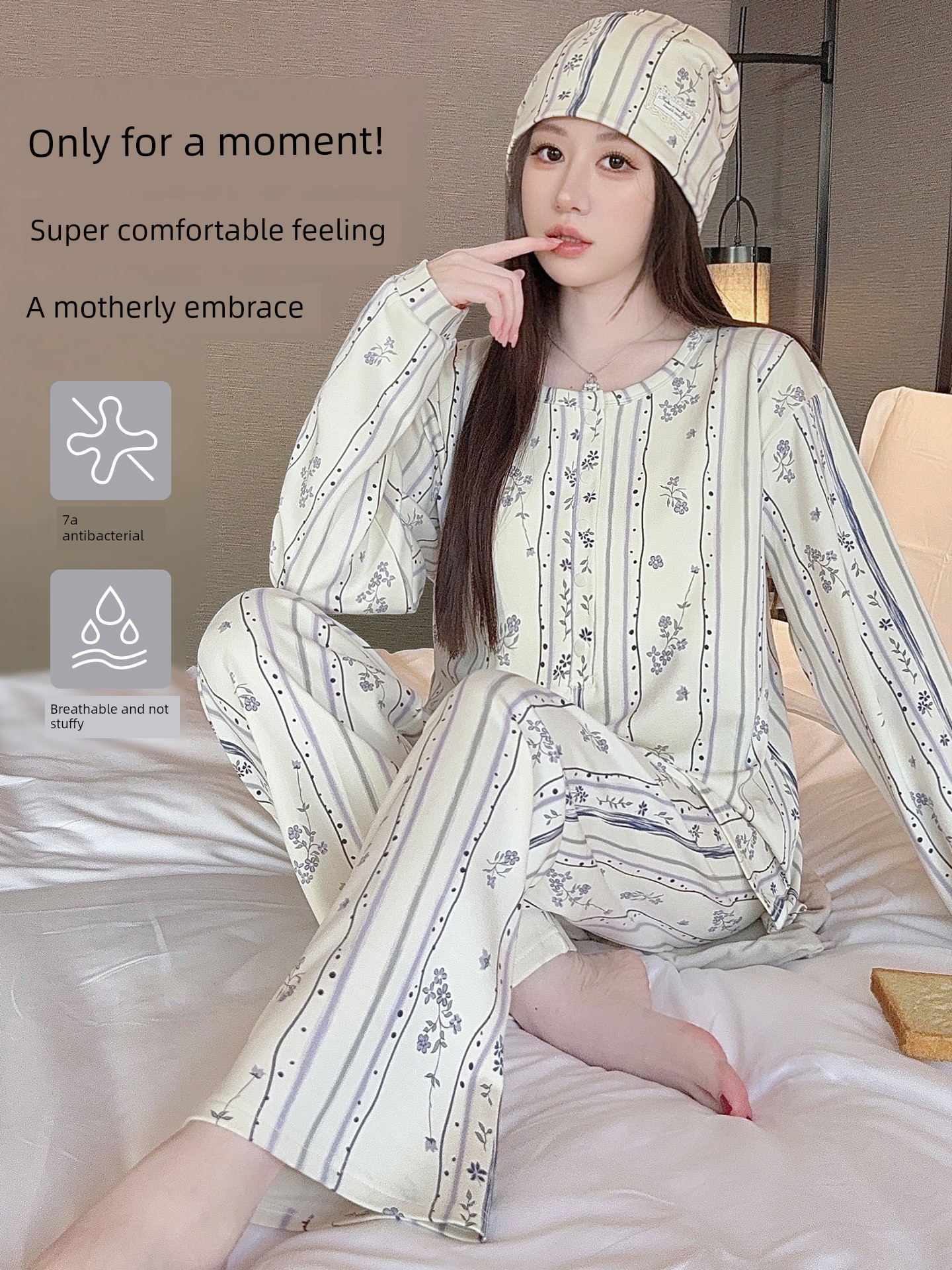 Free Hat with Purchase: Autumn and Winter Maternity Wear, Pure Cotton, Sweat-Absorbent, Thickened Nursing Pajamas for Postpartum Women, Spring and Autumn Loungewear