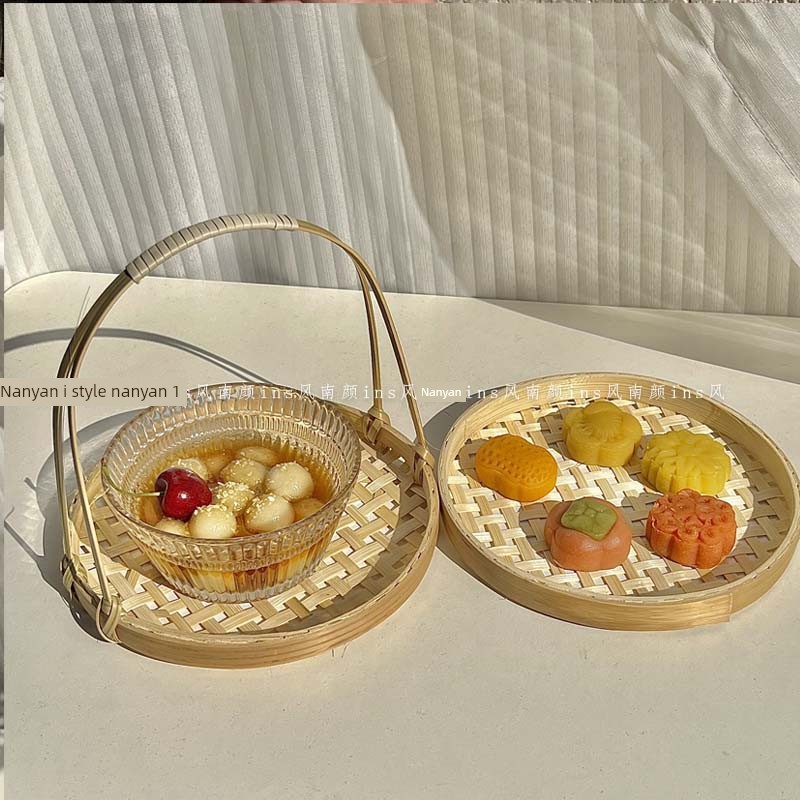 New Chinese-Style Teahouse Pastry and Dessert Tray, Bamboo Woven Snack Plate, Hand-Woven Snack Plate, Tea Snack Basket