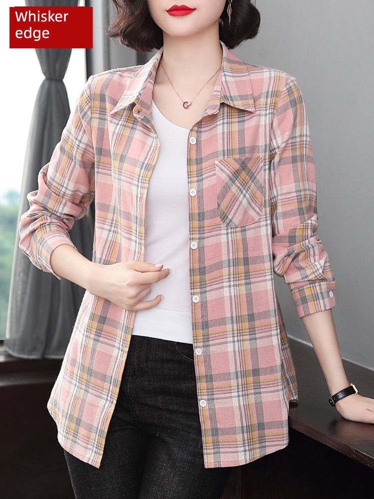Long sleeve spring and autumn Thin money loose coat Cotton plaid shirt