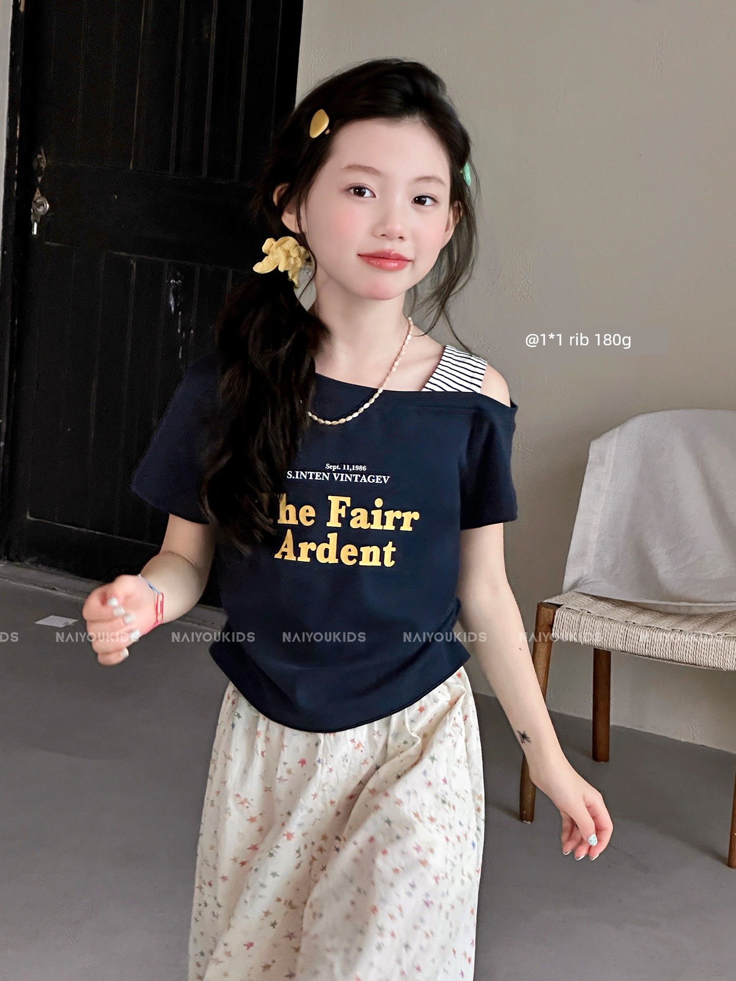 【Off-Shoulder Style】Cream Kids' Clothing for Girls 2026 New Summer Short-Sleeve T-Shirt Trendy Children's Top