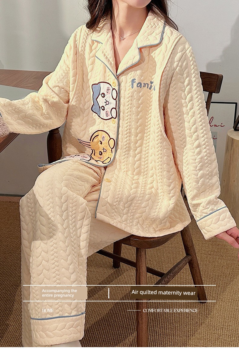 Maternity Pajamas Autumn and Winter Style Thickened Three-Layer Pure Cotton Warm Postpartum Nursing Home Wear Maternity Set — 29