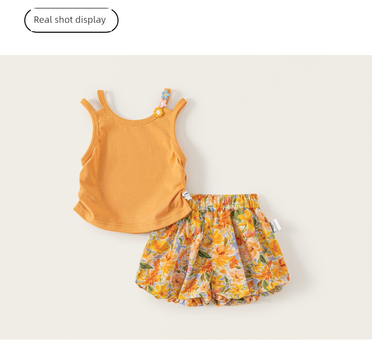 Girls' Summer Outfit: Sweet Thin Vest and Floral Bloomers, Stylish Summer Suspender Shorts for Baby Girls — 15