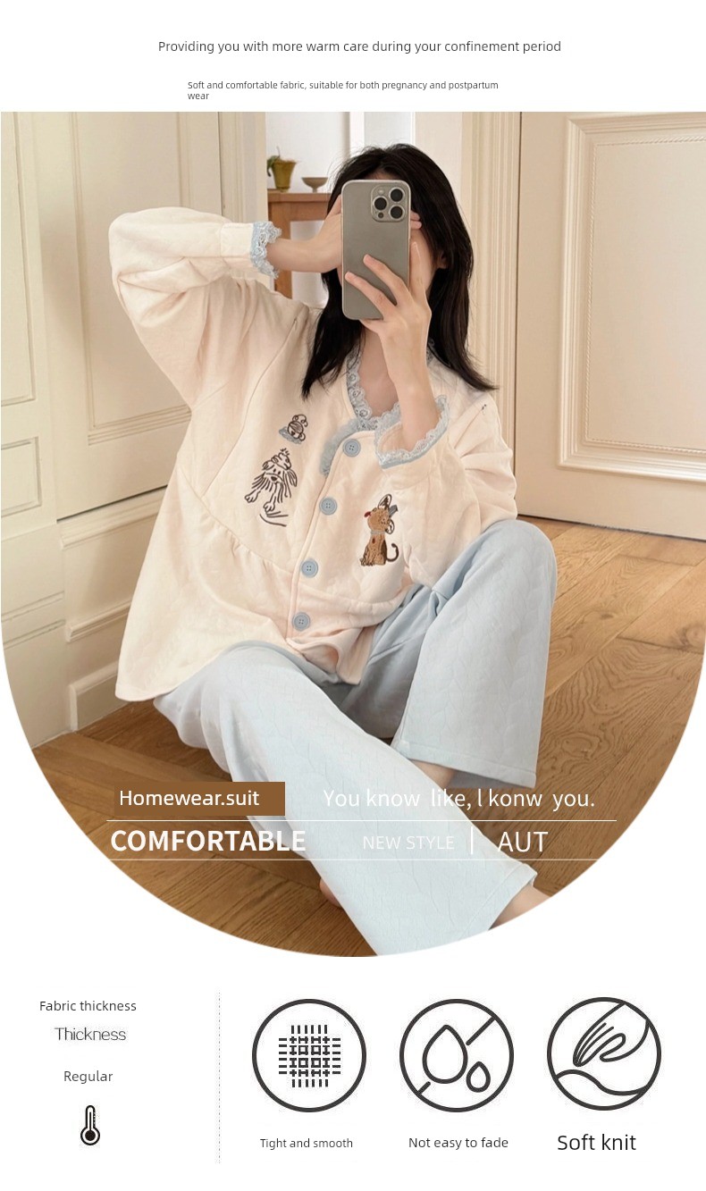 Spring, Autumn, and Winter Maternity Pajamas with Chest Pads, Thickened Air Cotton, No Need to Wear Underwear, Layered Maternity Sleepwear with Hood Set — 2