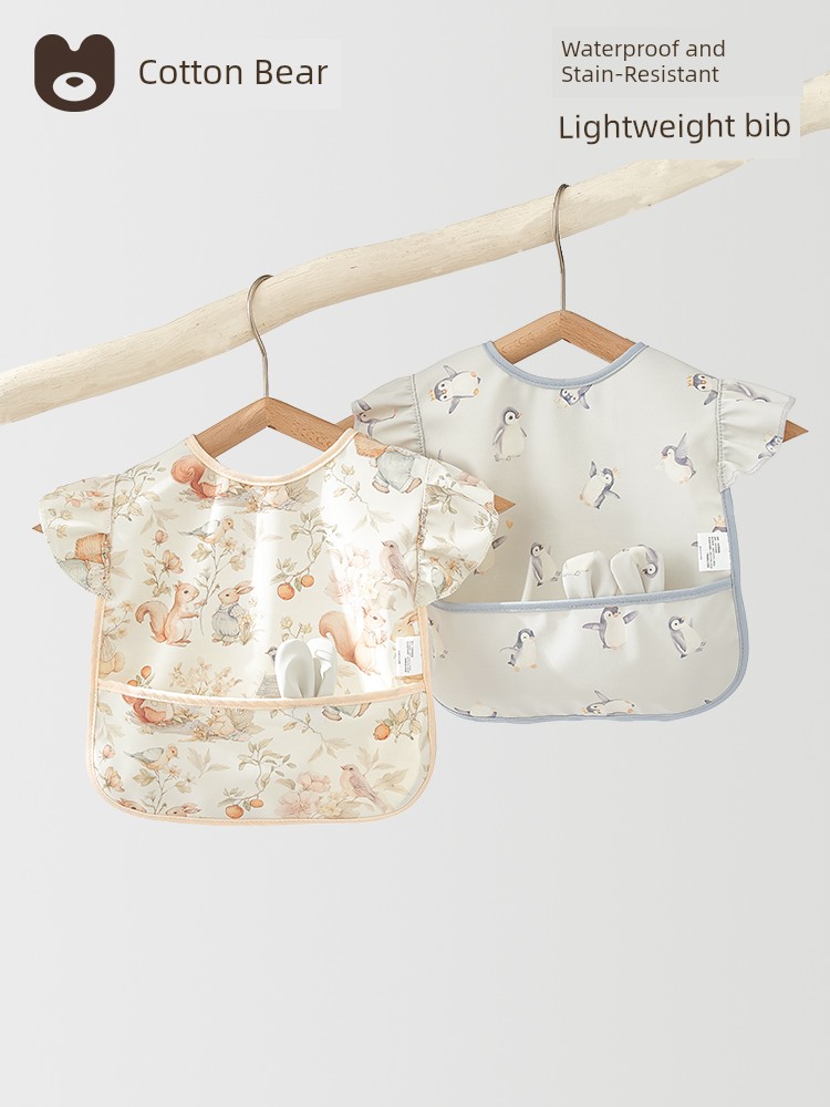 Baby Smock, Kidsren's Eating Bib, Baby Food Supplement, Waterproof and Anti-Dirty, Lace Sleeves for Baby Girls, Summer Thin Apron