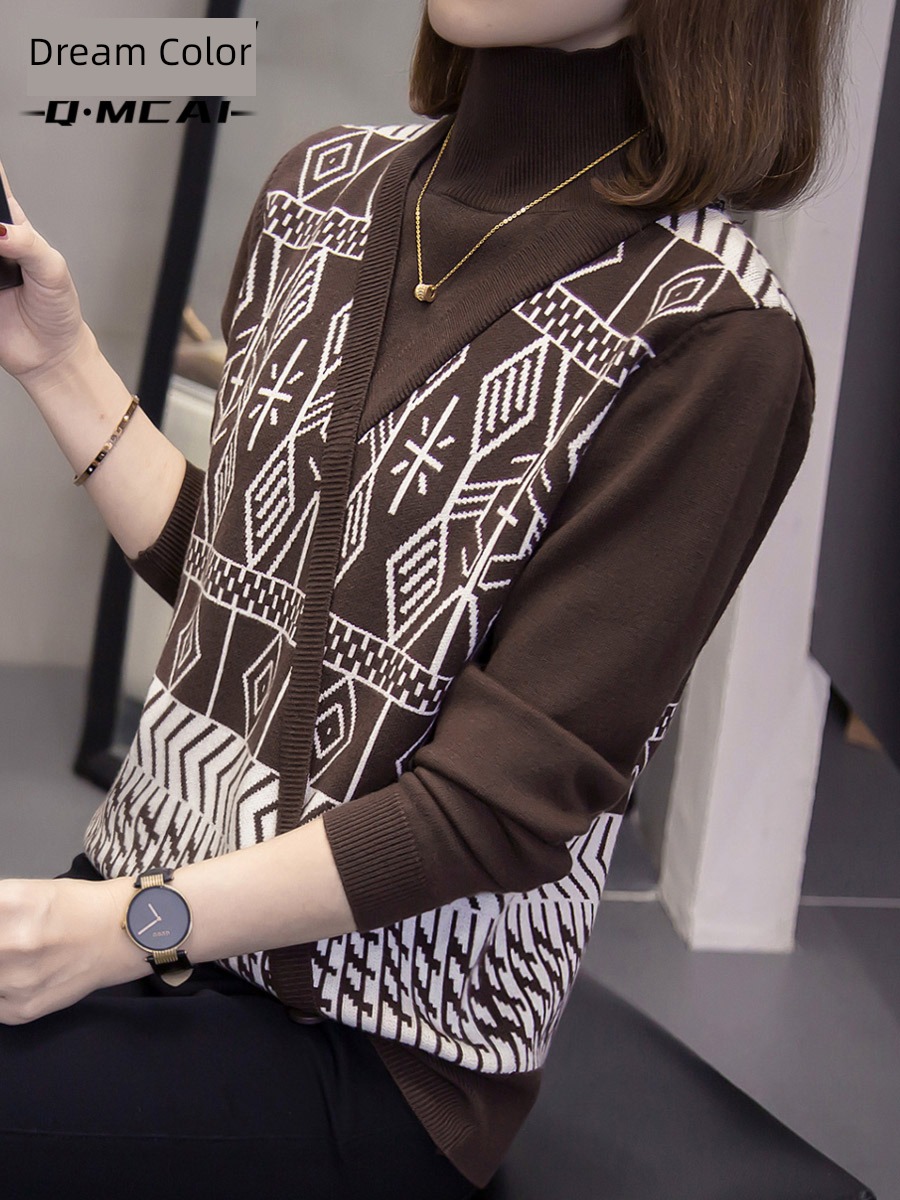 Fat mm Fake two sweater ma'am Autumn and winter clothes Inner lap Put on your clothes fashionable High collar Lay a foundation Sweater European goods Small shirt