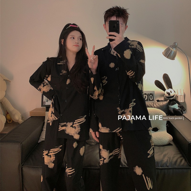 Internet celebrity the republic of korea ins black female pure cotton lovers pajamas