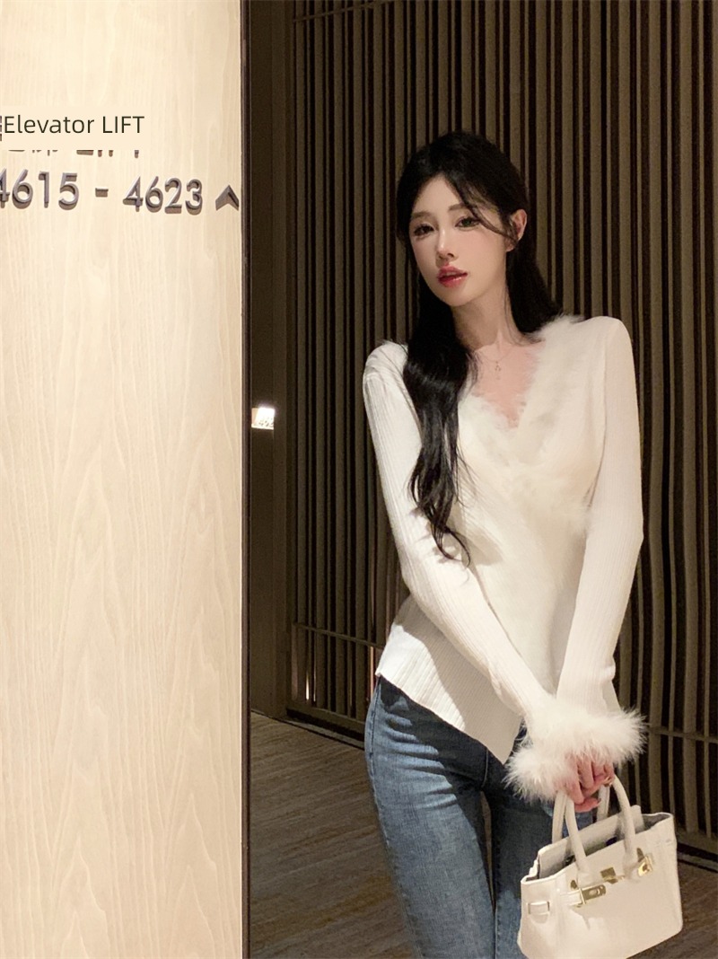 overlapping V-collar Maomao Self-cultivation Show thin temperament Sweater