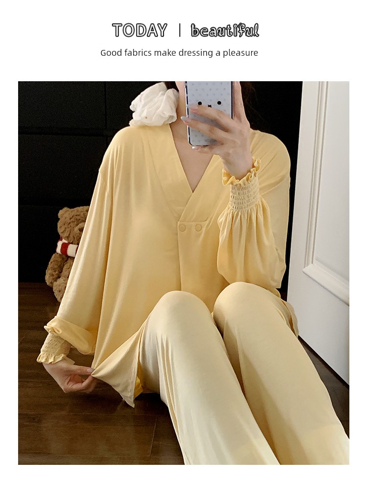 Free Hairband with Modal Maternity Pajamas for Women, Spring and Autumn Cool Nursing Postpartum Wear, Summer Thin Style with Breast Pads for Home Use — 18