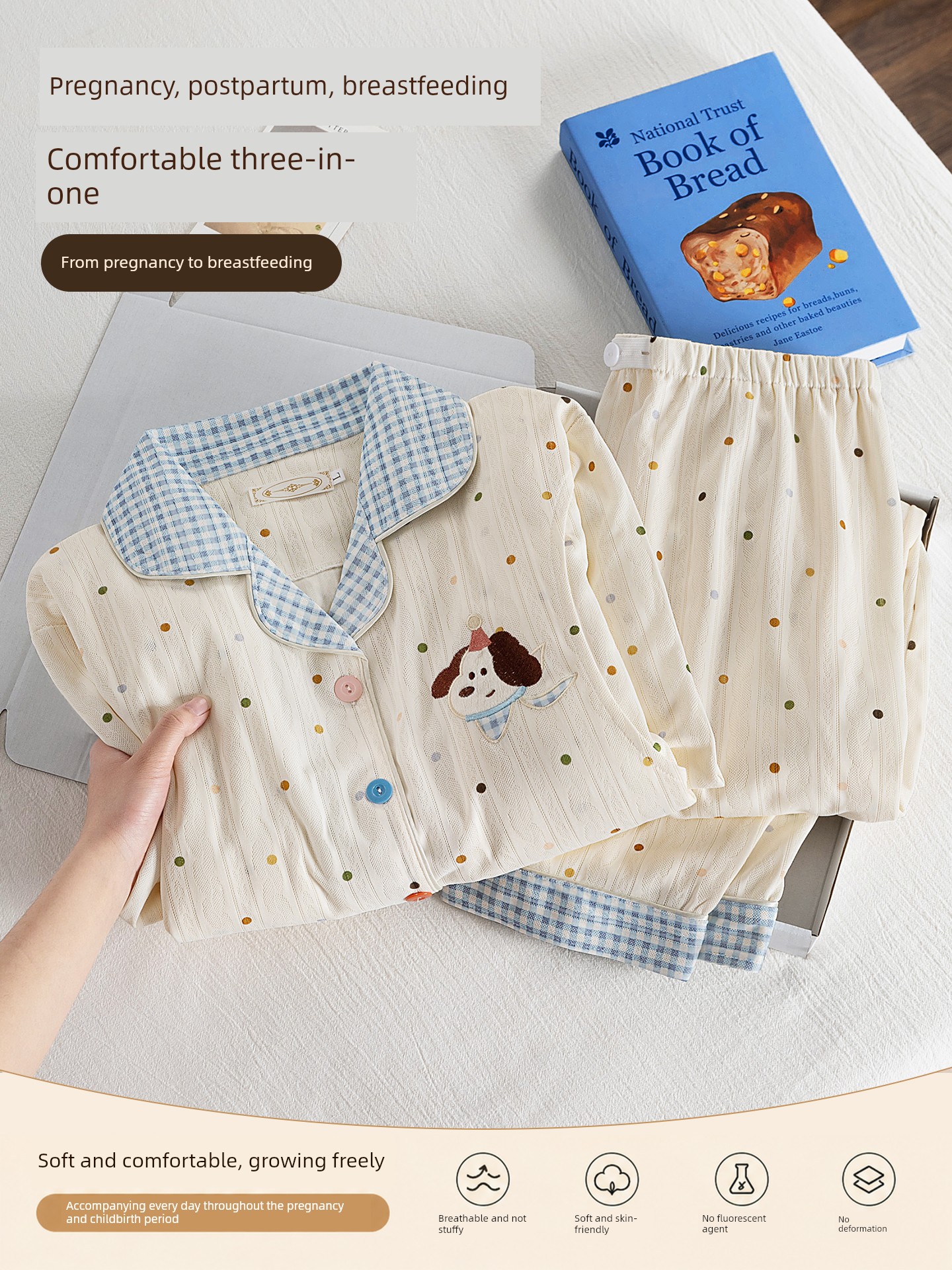 Polka Dot Puppy Maternity Pajamas, Summer Thin Pure Cotton Postpartum Nursing Maternity Sleepwear, Winter Home Wear for Postpartum Women, Spring and Autumn