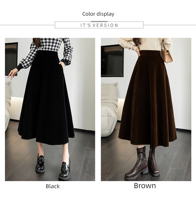 Coffee Autumn and winter Velvet Medium and long term High waist skirt