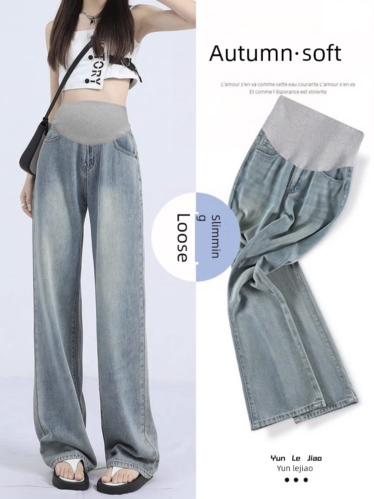 Maternity Pants for Autumn, Large Size Denim Wide-Leg Pants, Non-Tightening Straight-Leg Pants for Pregnant Women, Fall and Winter Styles