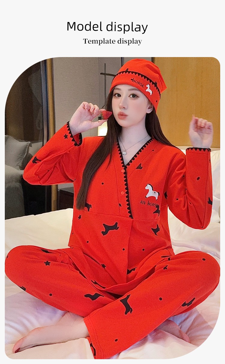 Free Hat with Purchase: Autumn and Winter Pure Cotton Postpartum Clothing, October Postpartum Maternity Nursing Pajama Set, Spring and Autumn Maternity — 14